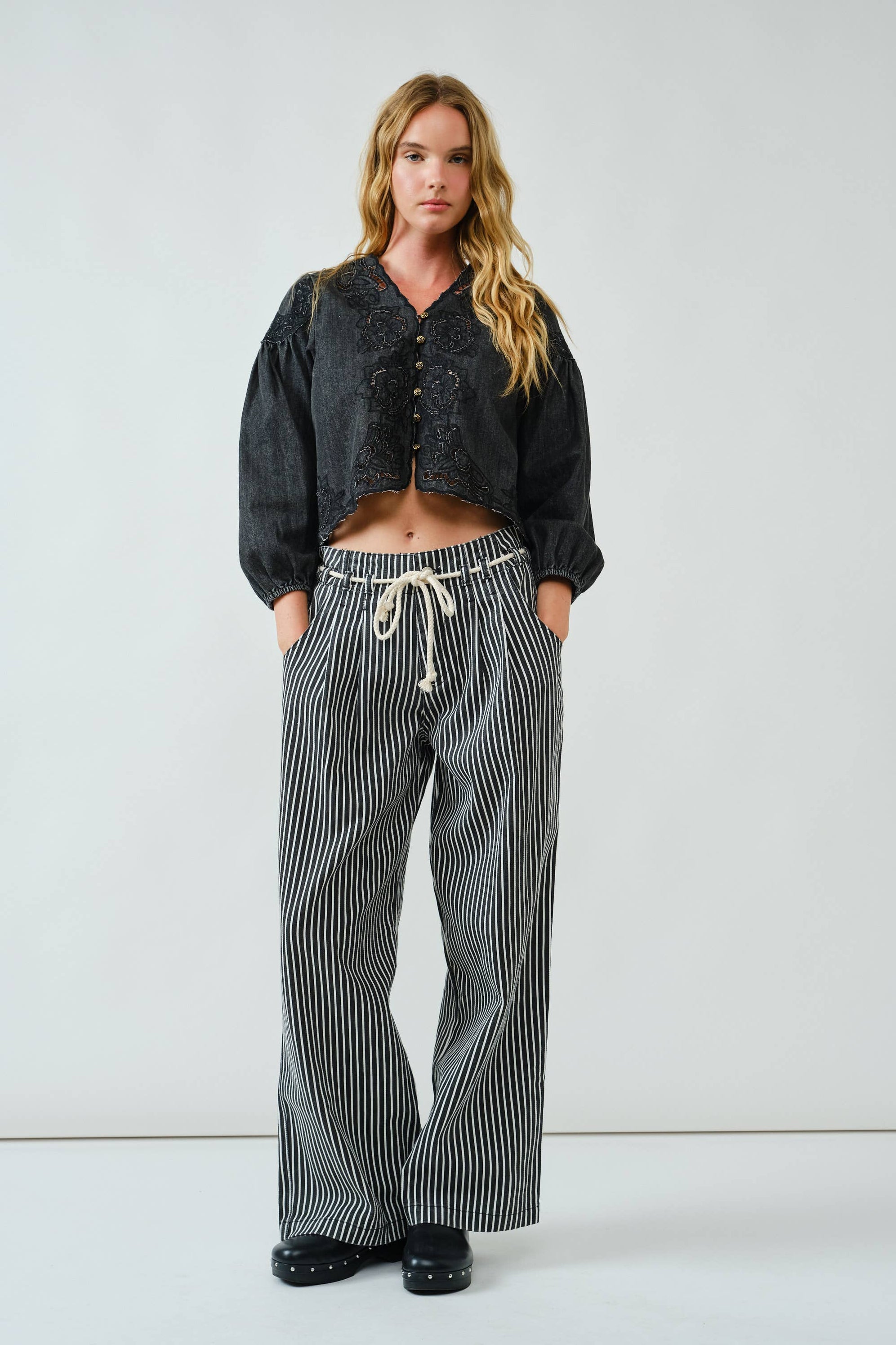 Striped Wide Leg Pants With Rope Belt - Off White W/Black Stripes ...
